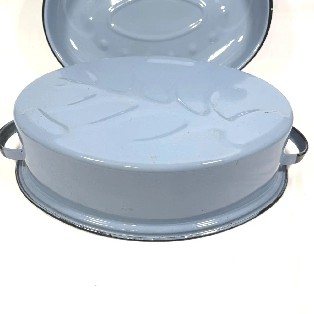 Vintage Enamelware Oval Roasting Pan with Lid Blue Farmhouse Large 16.5in Roastr
